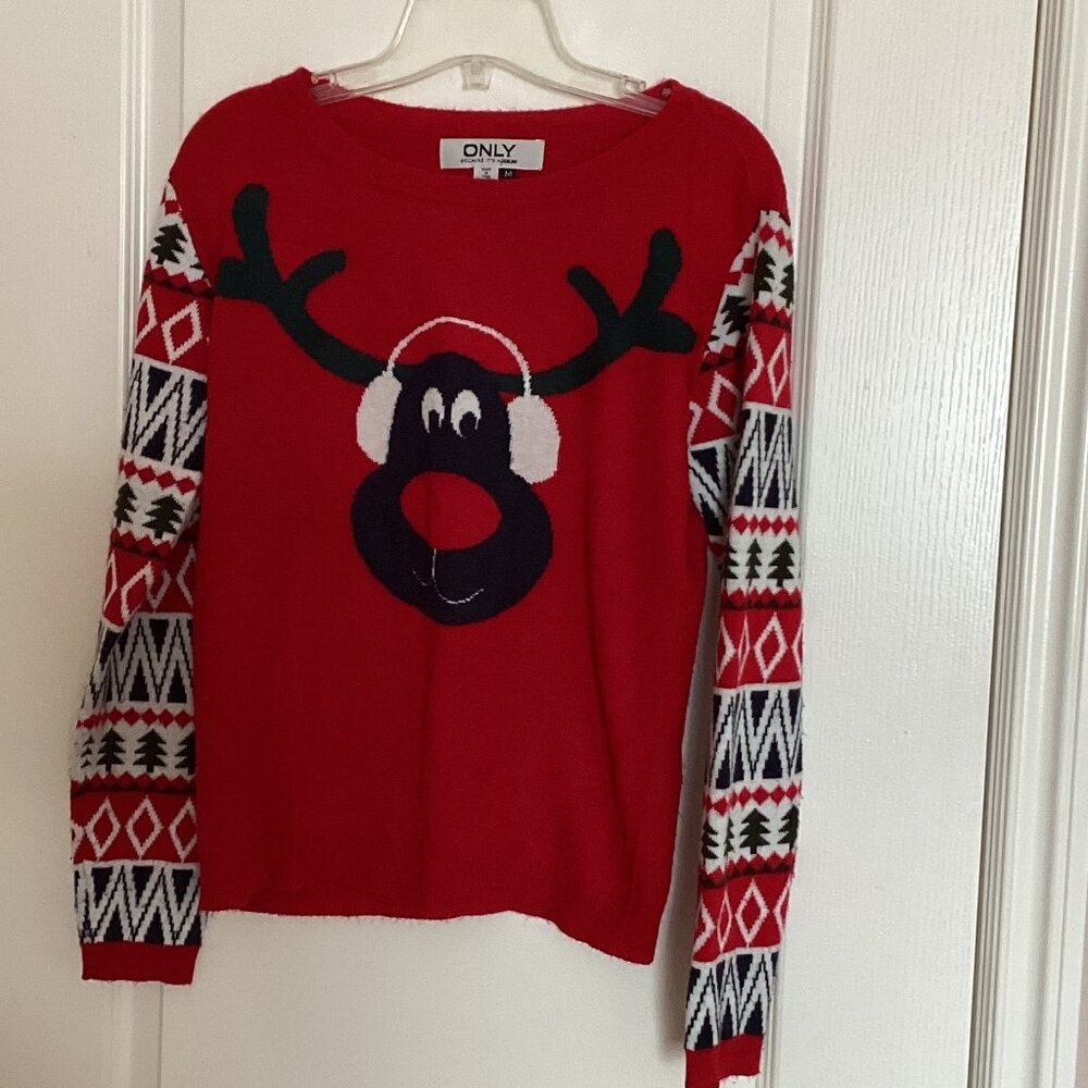 Only Because It's A Passion Women's Red Christmas Knit Sweater Reindeer Rudolph